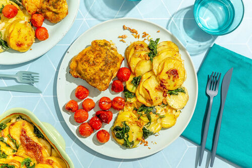 Hähnchenkeule mit Kartoffelauflauf dazu Kirschtomaten aus dem Ofen