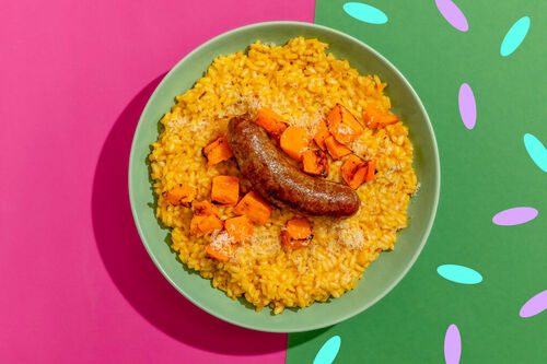 Rindswurst auf Kürbis-Risotto mit Hokkaido-Kürbis aus dem Ofen
