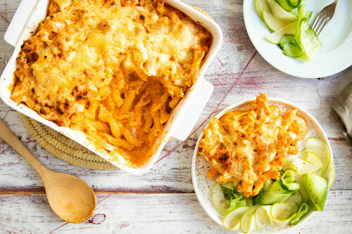 Pasta-Auflauf mit Linsen-Strozzapreti dazu Apfel-Gurken-Salat