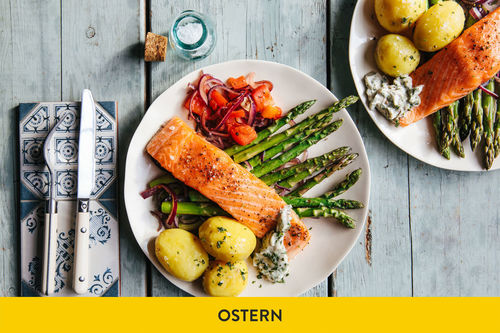 75°-Lachs mit grünem Spargel dazu Kartoffeln mit Estragonmayonnaise