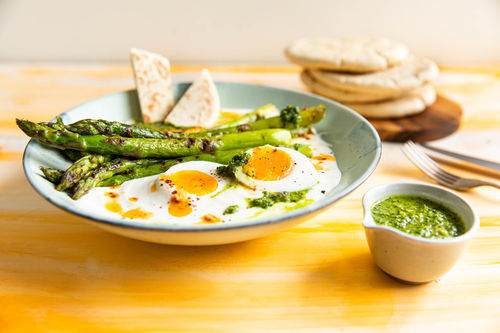 Special: Türkisches Frühstücksei mit Spargel, Joghurt und Pita