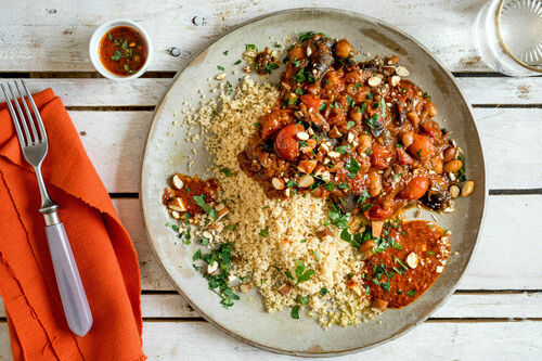 RS Marokkanisches Auberginenragout mit Oliven und Kichererbsen, dazu Couscous