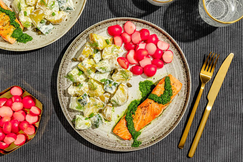 Zartes Lachsfilet mit Spinatsalsa an Radieschen und cremigem Kartoffelsalat