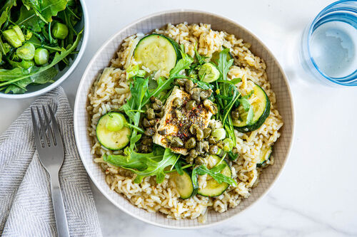 Fenchel-Zucchini-Risotto mit Feta würzig-fein mit Kapern und Rucola