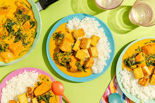RS Kokos-Tofu-Curry mit Süßkartoffeln mit lockerem Reis und Spinat