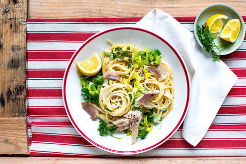 Spaghetti mit Räucherforelle und Kerbel in cremiger Sauce mit Lauch und Zitrone