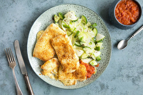 Taleggio und Gouda in Blätterteig mit Currydip und Apfel-Gurken-Salat