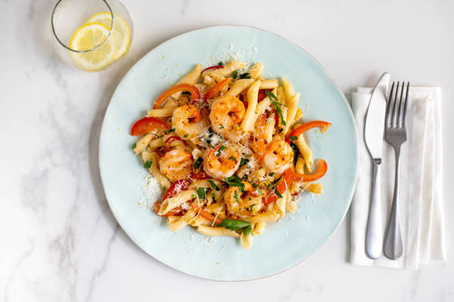 RS Penne mit Garnelen in leichter Tomaten-Zitronen-Sauce