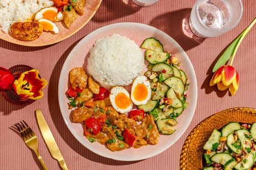 Vegetarisches Satay-Hähnchen und Ketjap-Ei mit Gurkensalat und duftendem Kokosreis