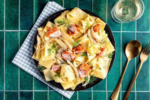 Pappardelle with salmon in a cream dill sauce and fennel
