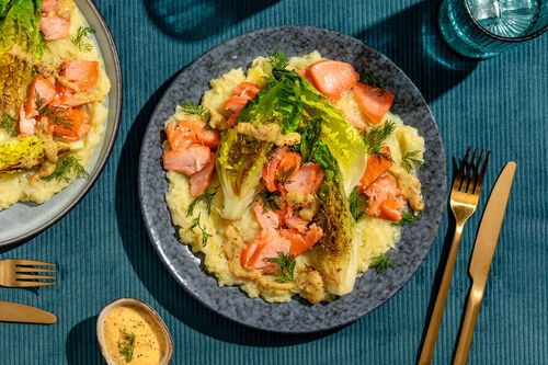 Kartoffel-Blumenkohl-Stampf mit Stremellachs und gebratenem Romanasalat