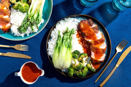 Entenbrustfilet süß-sauer mit Basmatireis, Brokkoli und Pak Choi