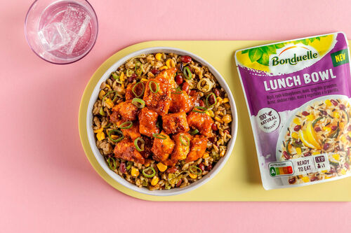 Pikanter Tofu koreanische Art auf Reis mit Bohnen und Gemüse