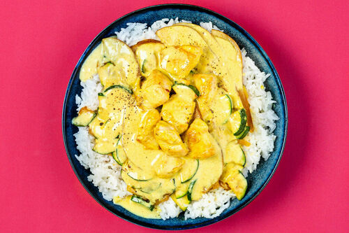 RS Indische Hähnchenpfanne mit Birne mit Zucchini und Jasminreis