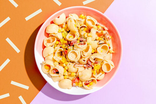 Conchiglie alla Carbonara mit samtiger Béchamelsauce, Mais und Lauch