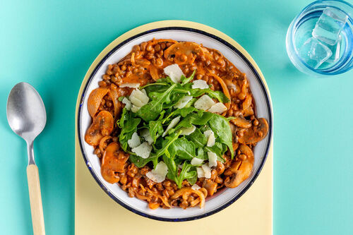 „Marry Me“-Linsen mit Champignons und Rucola-Käse-Salat