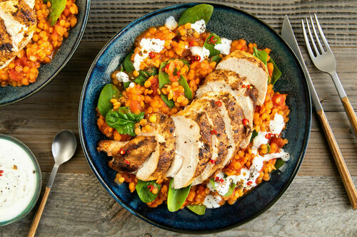 Garam-Masala-Hähnchen Low Carb auf Rote-Linsen-Spinat-Curry