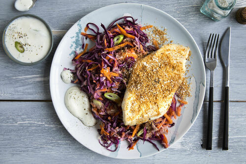 Hähnchenschnitzel mit Kokosraspeln und knackigem Rotkohl-Fenchel-Coleslaw