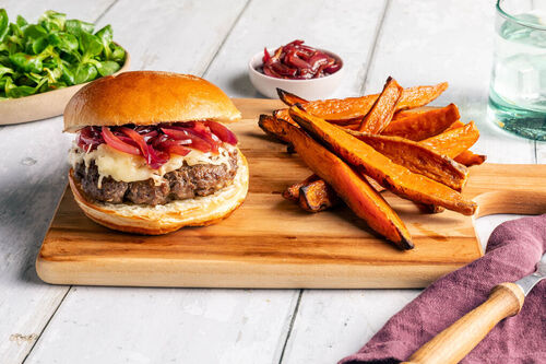 Beef Burger with Sweet Red Onion Jam and Sweet Potato Fries