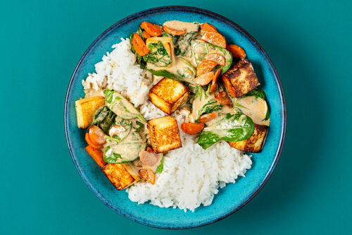 Sahniges Korma-Curry mit Paneer-Käse an Spinat und Karotten, dazu Jasminreis