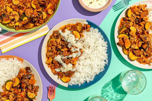 RS Deftiger Moussaka-Eintopf auf Reis mit cremiger Béchamel-Sauce