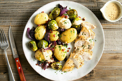 Hähnchen mit cremiger Bratensauce dazu Rosenkohlgemüse mit Speck und Kartoffeln