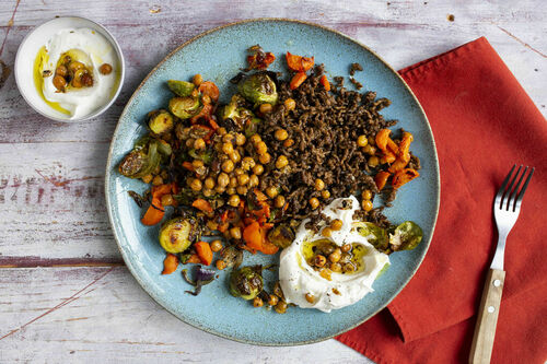 Hackfleischpfanne Schawarma-Style Low Carb mit Ofengemüse und Joghurt