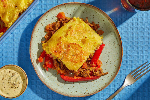 Tex-Mex-„Shepherd’s Pie“ mit Hackfleisch dazu Aioli mit gerösteter Jalapeño