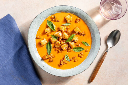 Tomato soup with baked chickpeas and dried-tomato croûtons