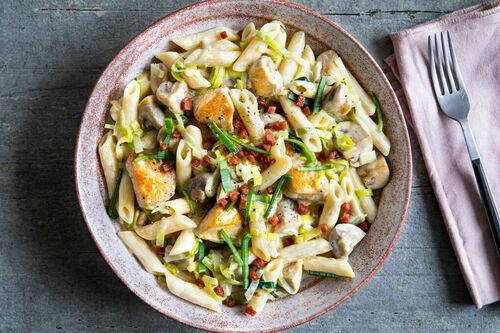 Penne mit Pute und knusprigem Speck in cremiger Champignon-Lauch-Sauce