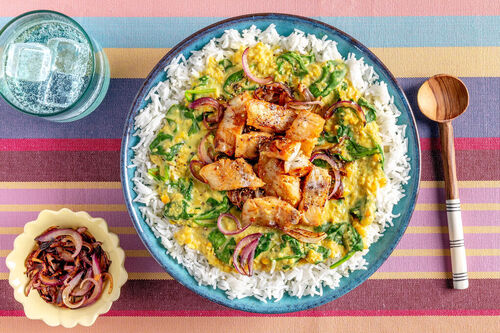 Alaska-Seelachs mit Sambal-Marinade auf Linsen-Kokos-Dal mit Basmatireis