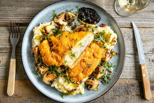 Hähnchen-Piccata mit Käse Low Carb dazu Pilzgemüse und Selleriemousse