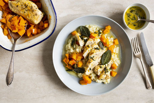 Risotto mit Kürbis und Bio-Hähnchen aromatisch-fein mit Salbei und Orange
