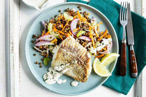 Zarter Seelachs mit Meerrettichsauce und lauwarmem Linsen-Gemüse-Salat