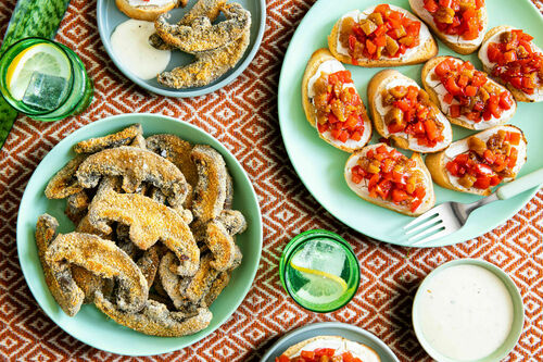 Special: Portobello-Fries mit Trüffeldip & Crostini mit Ziegenkäse und Feige