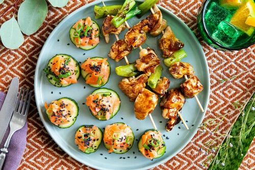 Special: Japanische Hähnchenspieße & Gurke mit Wasabi-Lachs-Garnitur