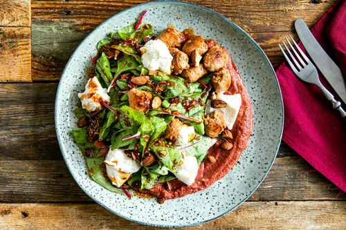 Salsiccia mit Burrata und Rauchmandeln auf Rote-Bete-Püree und Babymangold